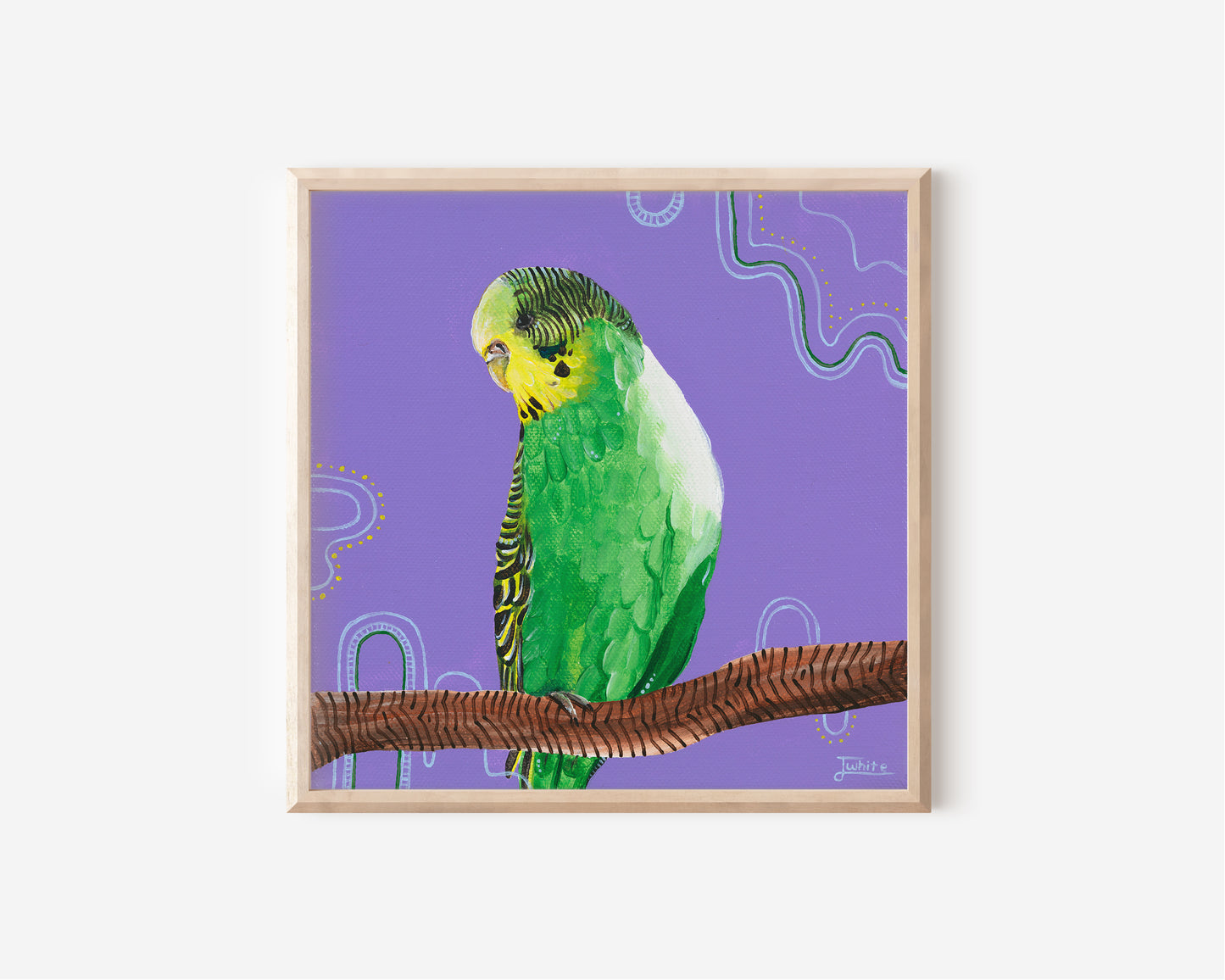 A Fine Art Print hand painted by Australian Artist Jessica Alpert of a green and yellow budgie perched on a branch with a dark brown line pattern covering the branch. The background is a vibrant purple with abstract line and dot illustrations.