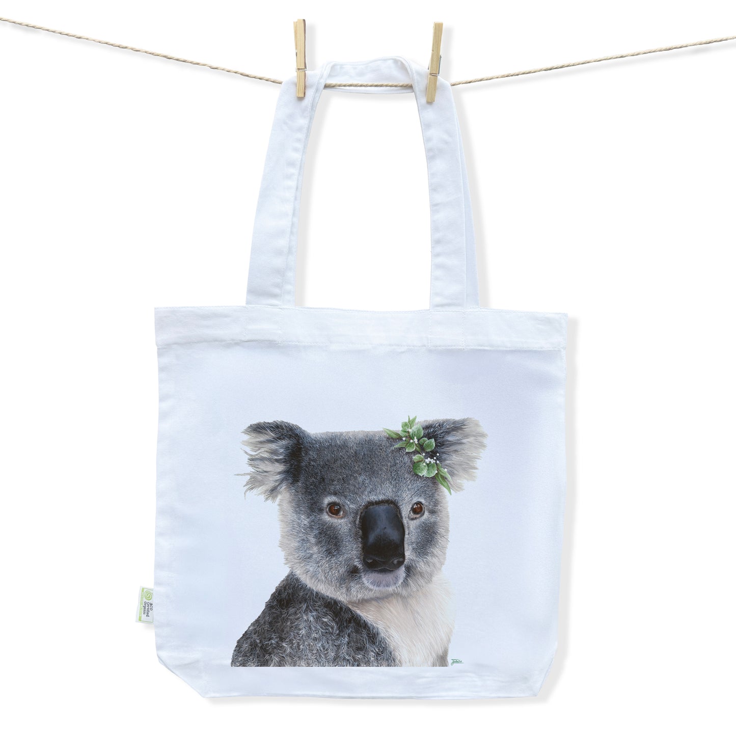 White tote bag with a detailed fluffy koala design hand painted by Australian Artist Jessica Alpert.
