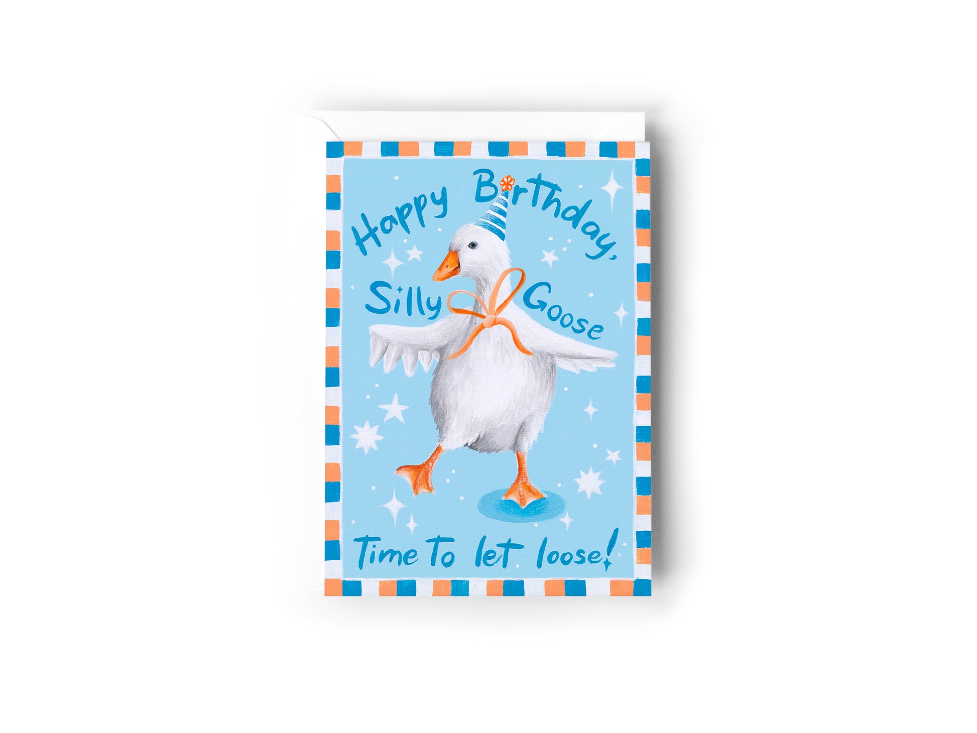 A Birthday card by Australian Artist Jessica Alpert featuring a white goose wearing a blue party hat and orange bow tie on a light blue background with the text 'Happy Birthday, Silly Goose' and 'Time to let loose!'. The card has a colourful check border and a white envelope behind it and sits on a white background.