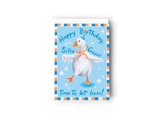 A Birthday card by Australian Artist Jessica Alpert featuring a white goose wearing a blue party hat and orange bow tie on a light blue background with the text 'Happy Birthday, Silly Goose' and 'Time to let loose!'. The card has a colourful check border and a white envelope behind it and sits on a white background.