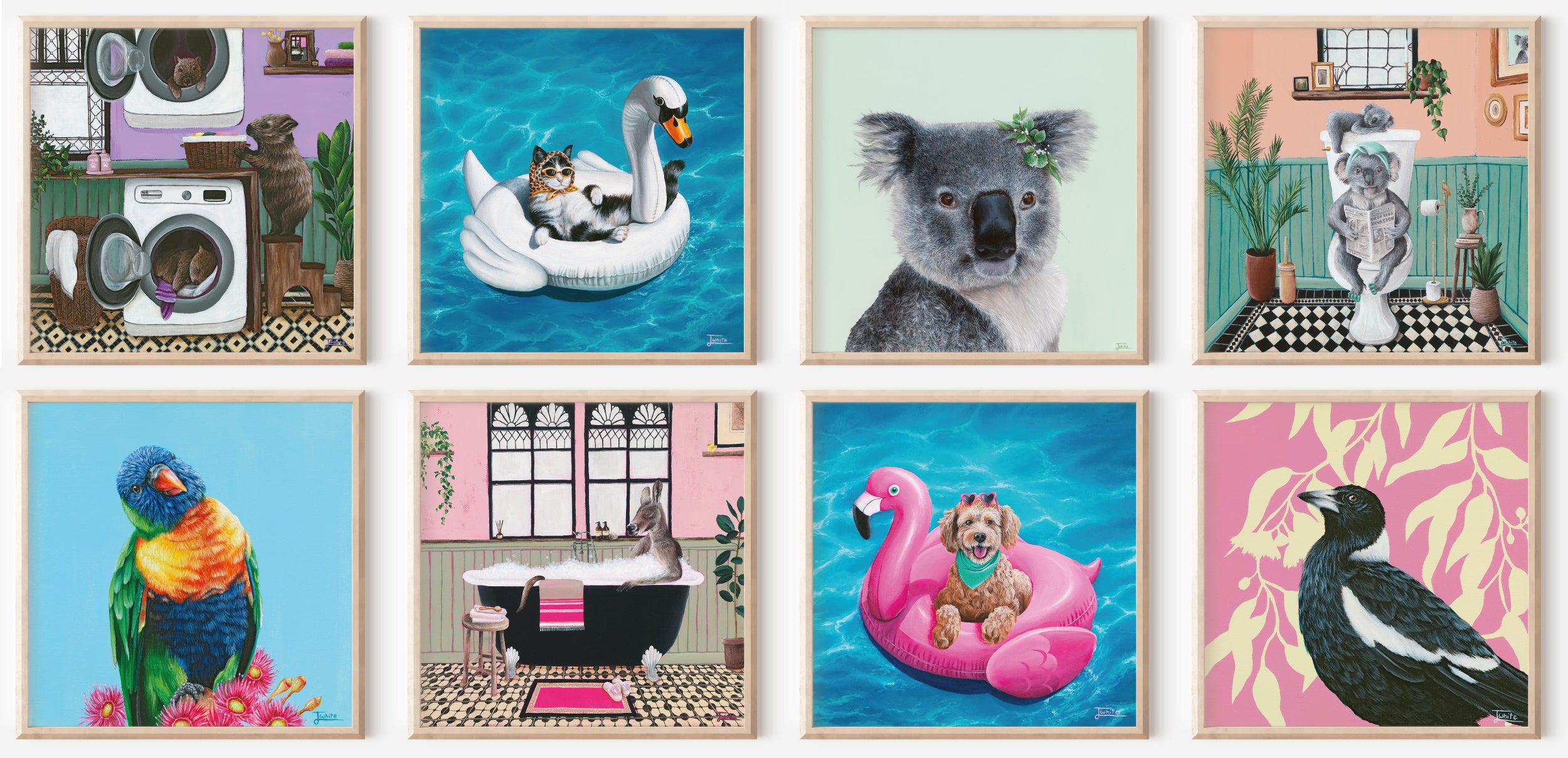 Set of 8 square fine art prints by Australian Artist Jessica Alpert. The prints are of Australian animals in colourful and quirky settings. They are acrylic paintings full of fine detail and small surprises.