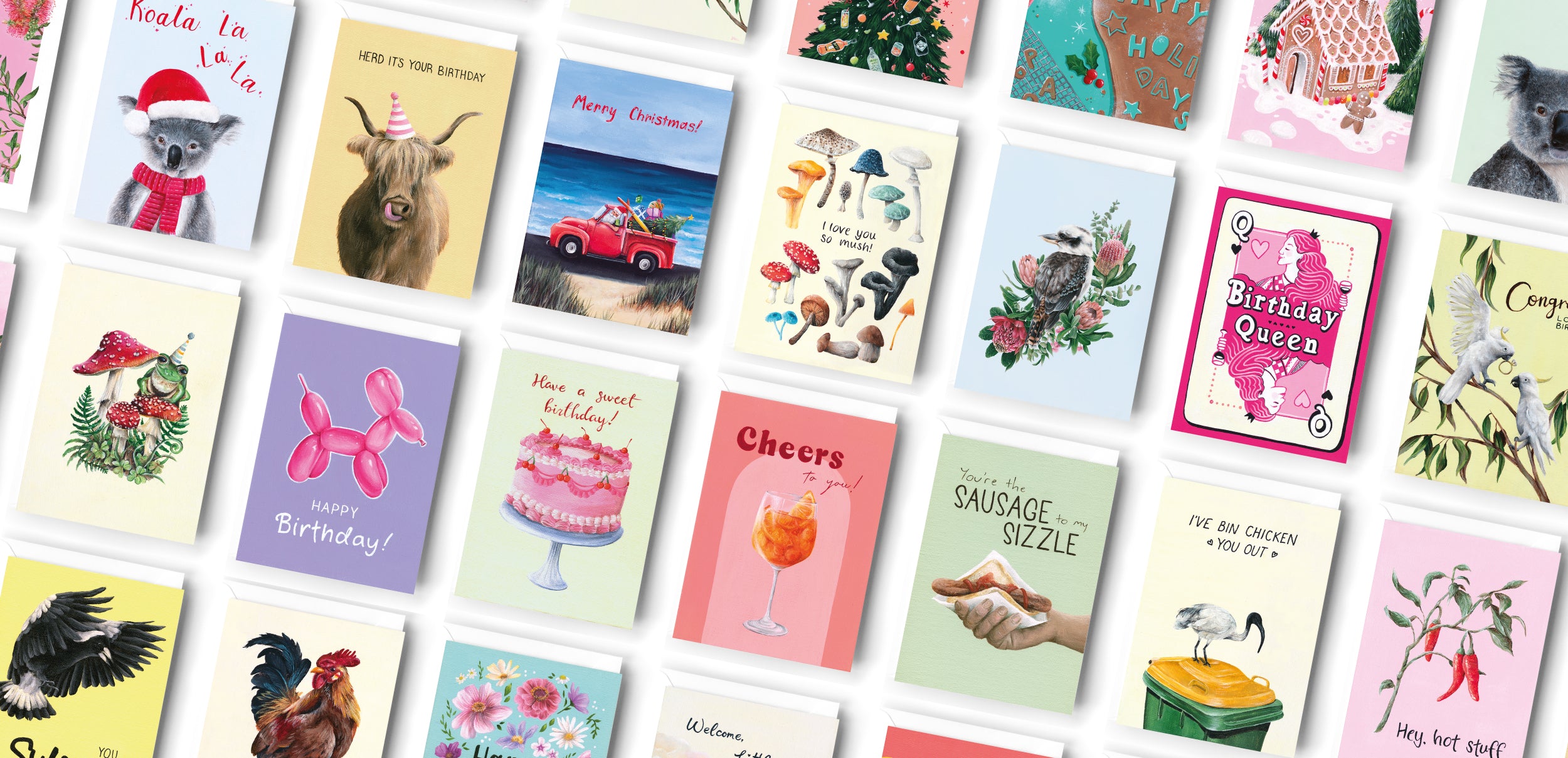 A collection of various unique greeting cards hand painted and designed by Australian Artist Jessica Alpert. The cards are colourful, detailed, vibrant and quirky in their designs.