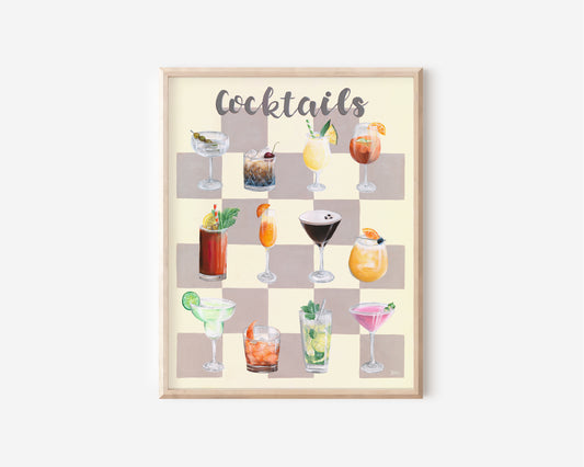 A fine art print hand painted by Australian Artist Jessica Alpert of multiple colourful cocktails and drinks on a taupe checker board background against a cream background with the word 'Cocktails' written at the top of the print in a script style.