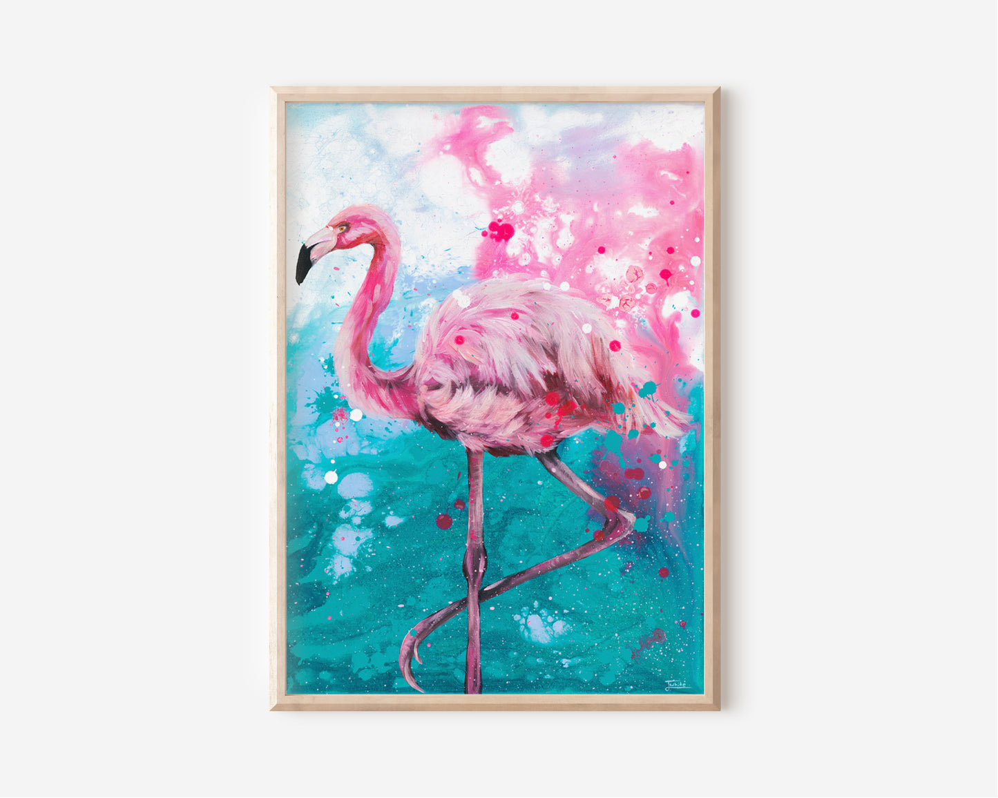 A Fine Art Print hand painted by Australian Artist Jessica Alpert. A fluffy hot pink flamingo centres the print, standing on one leg against an abstract background of blues, turquoise, pinks and whites. Splashes of paint cover the canvas giving a textured and slightly abstract appearance, with the flamingo holding more detail.