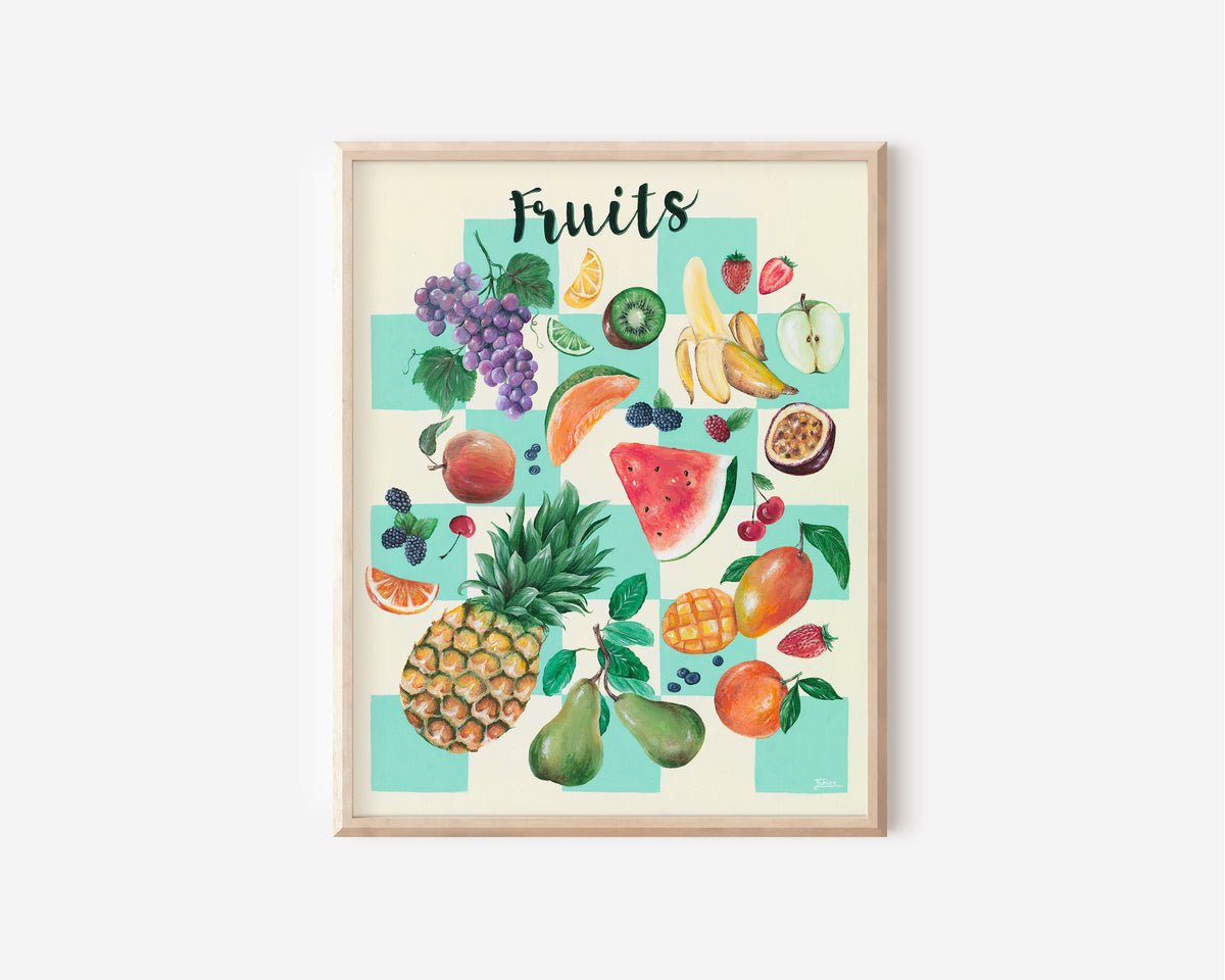 A fine art print hand painted by Australian Artist Jessica Alpert of multiple colourful fruits on a light turquoise coloured checker board background against a cream background with the word 'Fruits' written at the top of the print in a script style.