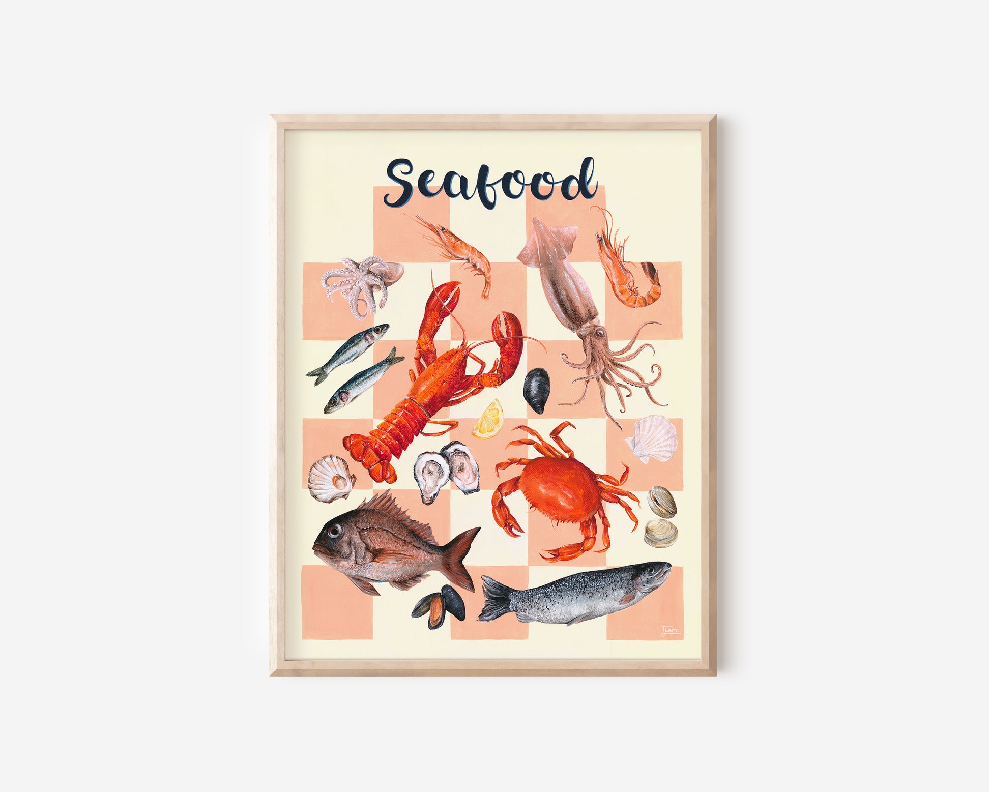 A fine art print hand painted by Australian Artist Jessica Alpert of multiple crustaceans, fish and seafood on a salmon coloured checker board background against a cream background with the word 'Seafood' written at the top of the print in a script style.