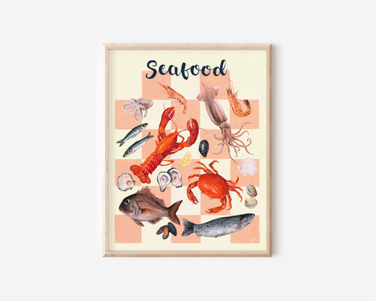 A fine art print hand painted by Australian Artist Jessica Alpert of multiple crustaceans, fish and seafood on a salmon coloured checker board background against a cream background with the word 'Seafood' written at the top of the print in a script style.