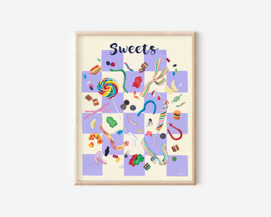A fine art print hand painted by Australian Artist Jessica Alpert of multiple colourful sweets and lollies on a purple checker board background against a cream background with the word 'Sweets' written at the top of the print in a scrpt style.