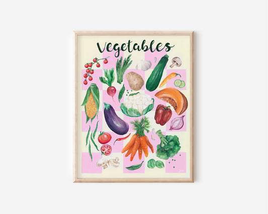 A fine art print hand painted by Australian Artist Jessica Alpert of multiple colourful vegetables on a pink coloured checker board background against a cream background with the word 'Vegetables' written at the top of the print in a script style.