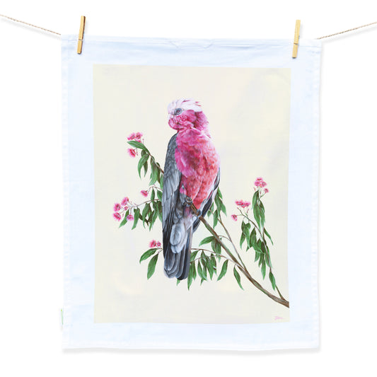 A tea towel design hand painted by Australian Artist Jessica Alpert of a pink Australian Galah perched on a brand of Australian gum leaves and pink flowering gum flowers against a a soft yellow background with a white border.