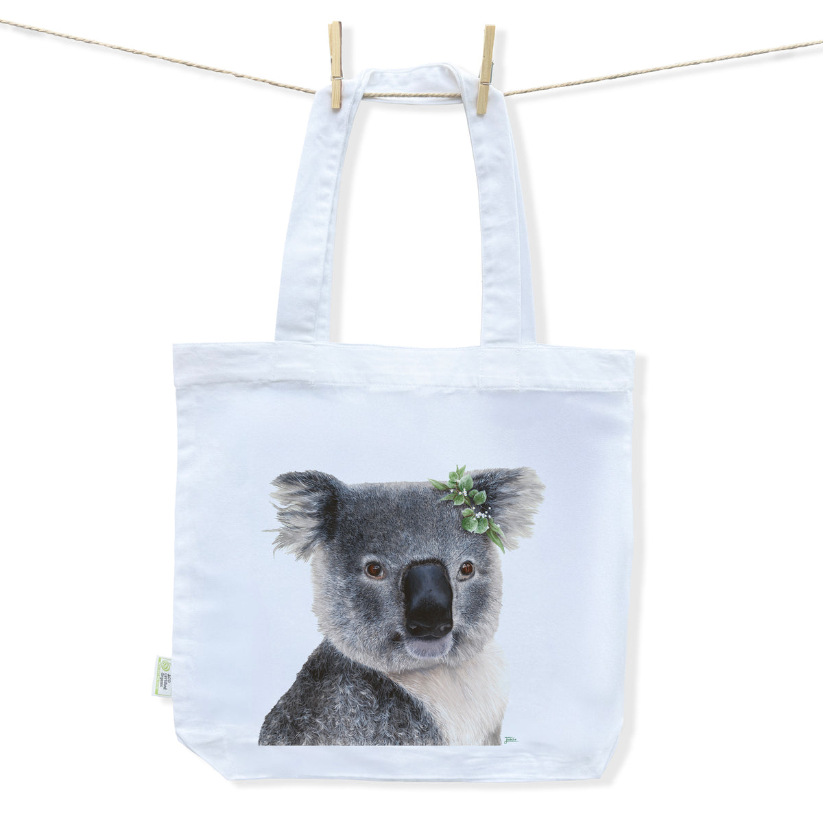 White tote bag with a detailed fluffy koala design hand painted by Australian Artist Jessica Alpert.