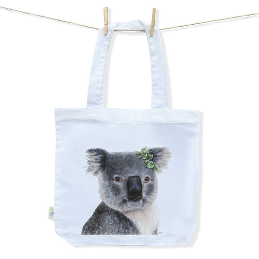 White tote bag with a detailed fluffy koala design hand painted by Australian Artist Jessica Alpert.