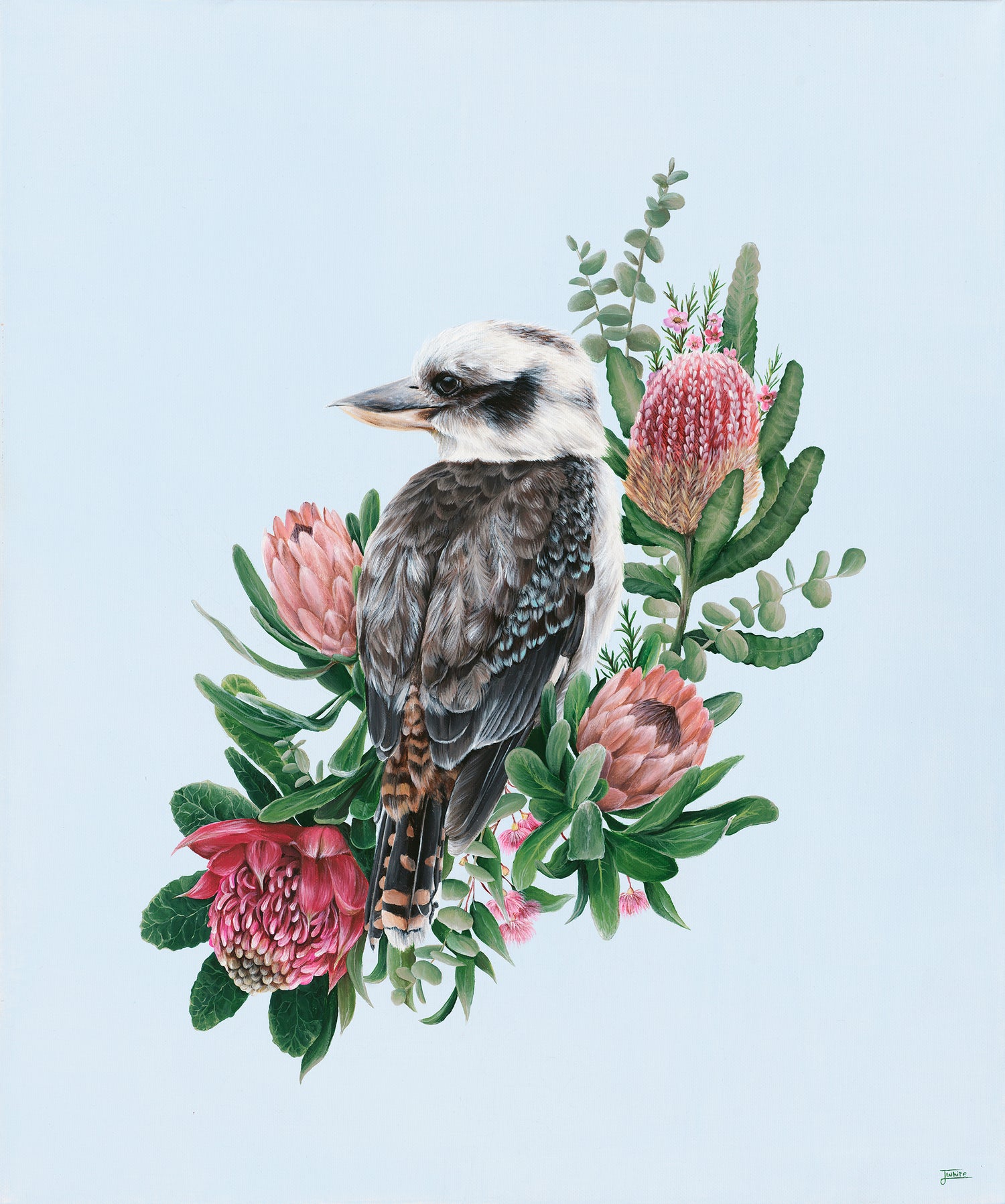 Acrylic painting on canvas of an Australian Kookaburra amongst native foliage and florals by Australian artist Jessica Alpert. The detailed Kookaburra sits quietly amongst a soft array of flora, gazing out peacefully across a gentle blue expanse. The scene is gentle and calming.
