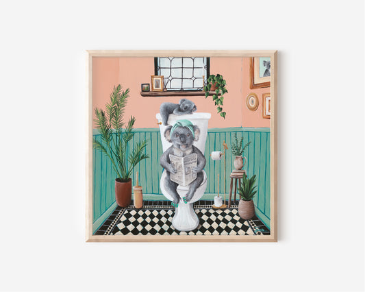 Fine Art Print by Australian Artist Jessica Alpert of a fluffy koala sitting on a toilet reading a newspaper in a colourful and quirky toilet room. A baby koala sleeps soundly on top of the toilet.