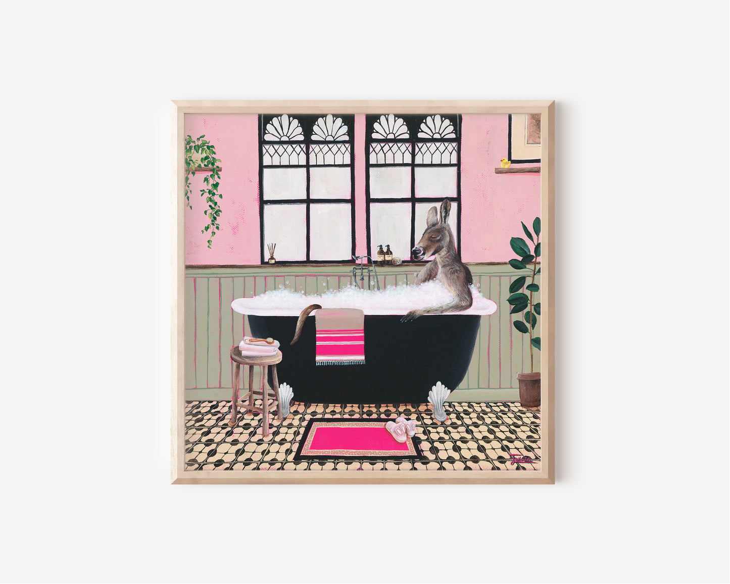 Fine Art Print by Australian Artist Jessica Alpert of a Kangaroo soaking in a black and white claw foot tub filled with bubbles in a colourful and quirky bathroom environment.
