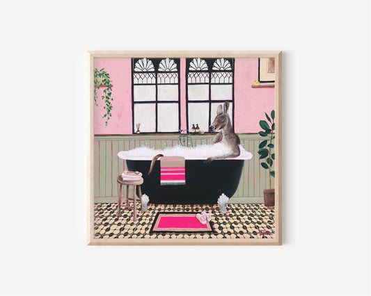 Fine Art Print by Australian Artist Jessica Alpert of a Kangaroo soaking in a black and white claw foot tub filled with bubbles in a colourful and quirky bathroom environment.