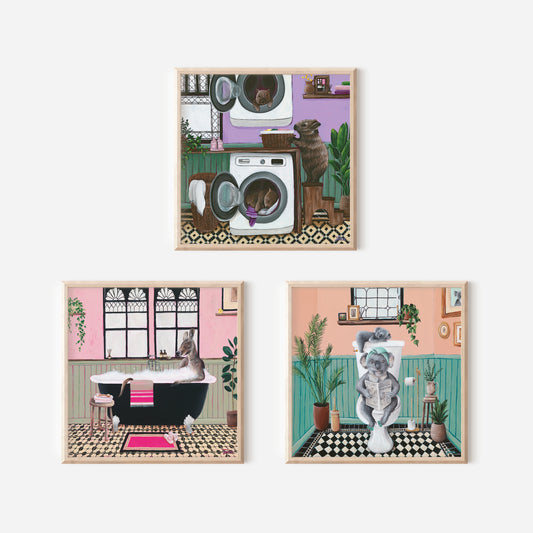 Three fine art prints by Australian Artist Jessica Alpert, illustrating Australian animals in colourful, quirky bathroom environments relaxing and completing domestic chores.