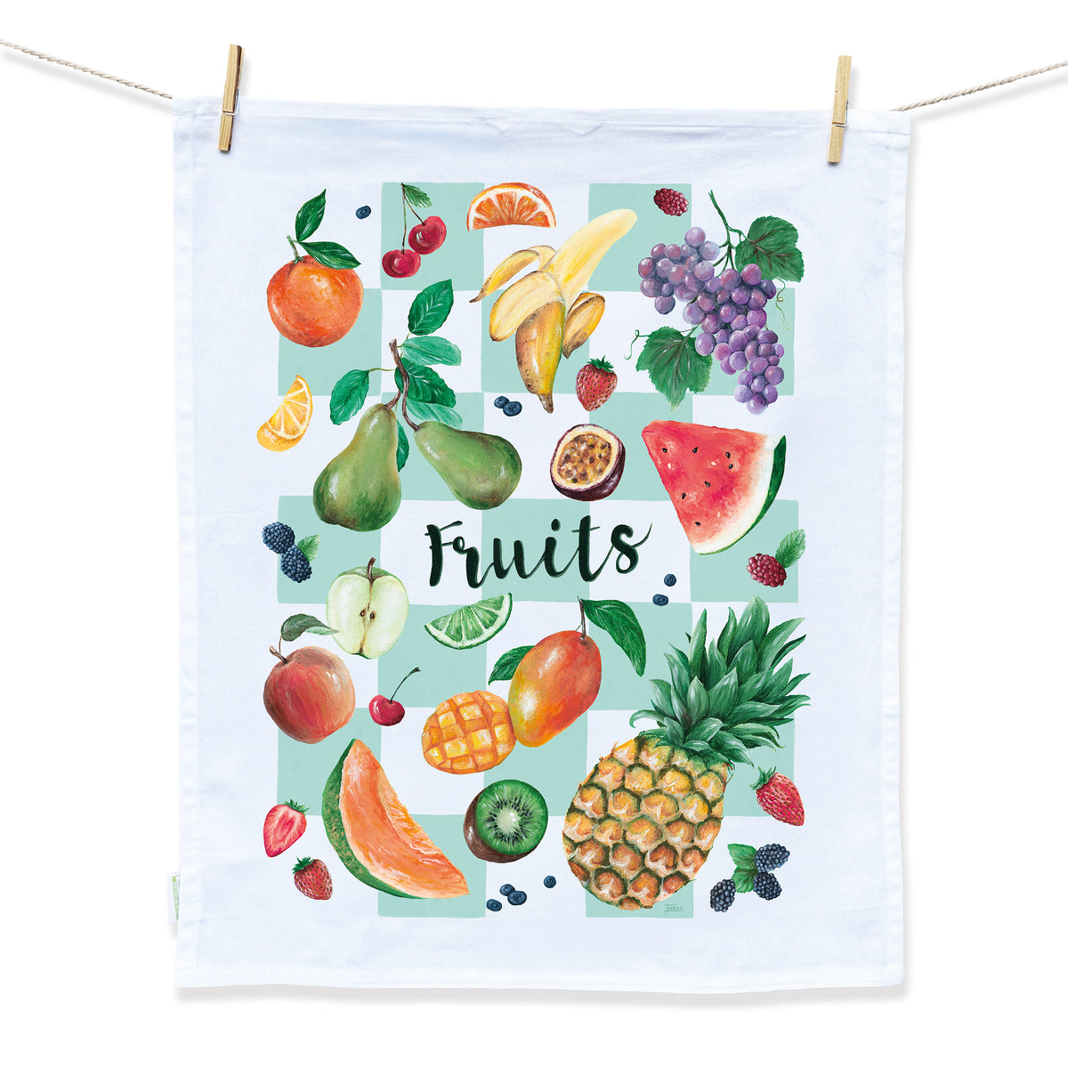 Tea Towel designed by artist Jessica Alpert. The tea towel is a vibrant fruit design comprised of an array of colourful and vibrant fruit on a bold turquoise check background.