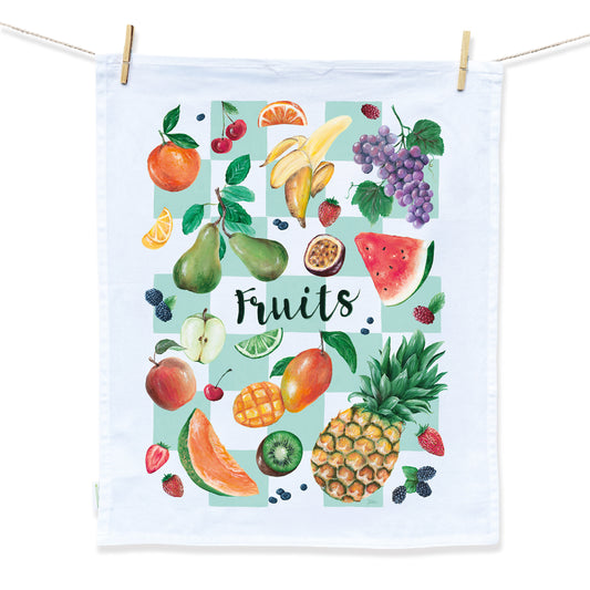 Tea Towel designed by artist Jessica Alpert. The tea towel is a vibrant fruit design comprised of an array of colourful and vibrant fruit on a bold turquoise check background.